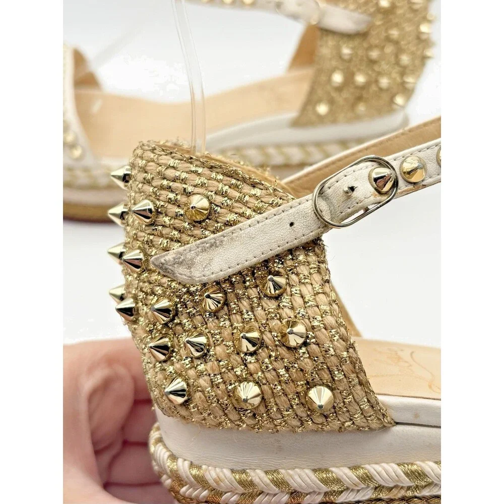 Christian Louboutin Madmonica 60 White Leather Gold Spike Wedge Espadrille EU 37